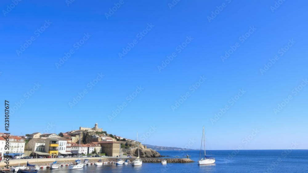 Panorama of Ferragudo with fishing boat on calm waters under clear sky, vacation spot, blue skies Panorama of Ferragudo with fishing boat on calm waters under clear sky, vacation spot, blue skies