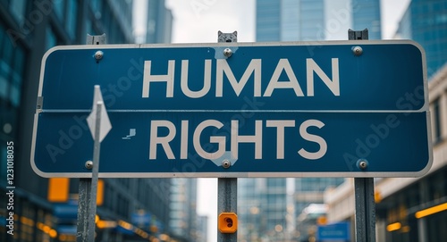 human rights text on road sign in middle of modern business city background