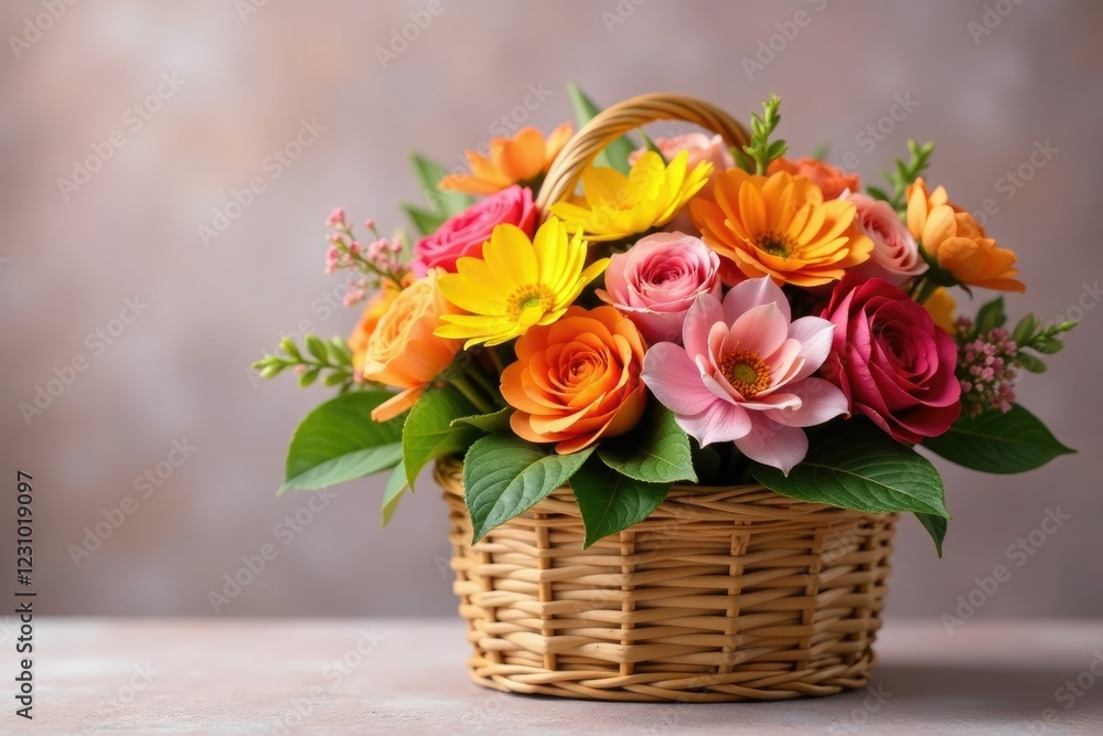 Obraz premium A colorful arrangement of flowers is placed in a straw basket, gift, hampers