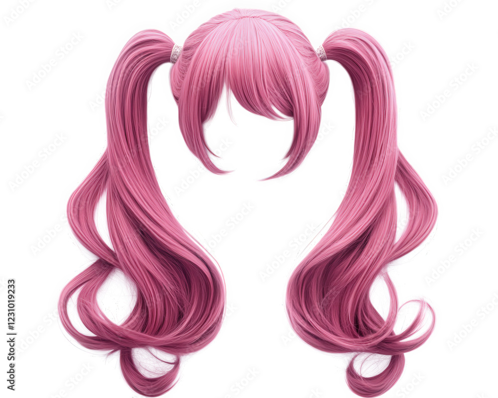 Cosplay wig with twin ponytails, featuring long pink hair, perfect for anime characters. Ideal for costume parties or themed events