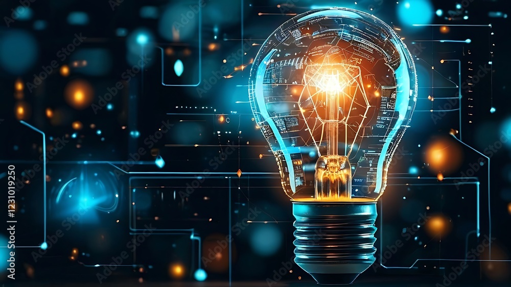 illuminated lightbulb on a dark background, has a futuristic digital appearance, with internal lines for technology and business consept idea illuminated lightbulb on a dark background, has a futuristic digital appearance, with internal lines for technology and business consept idea