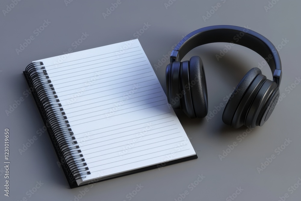 notebook with headphones on table notebook with headphones on table