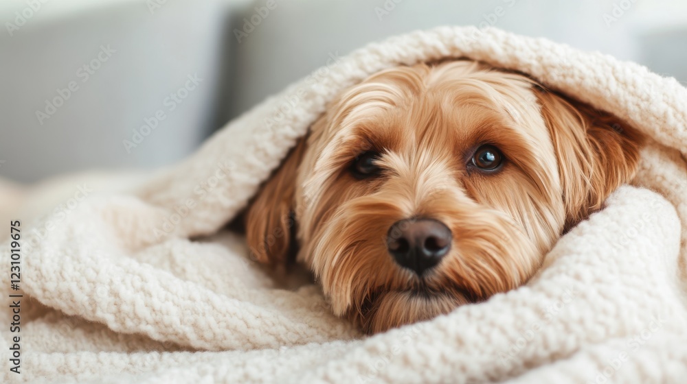 Cozy dog lounging wrapped in a blanket on a soft couch Cozy dog lounging wrapped in a blanket on a soft couch