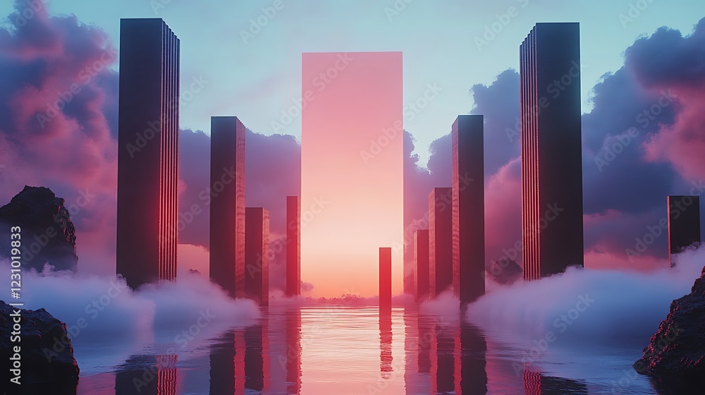 Fototapeta premium Futuristic Cityscape at Sunset with Tall Buildings and Pink Portal