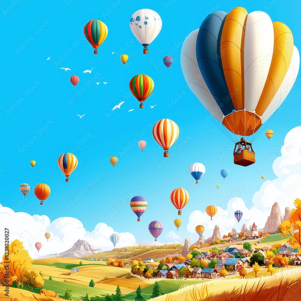 Obraz premium Hot Air Balloons Over Autumnal Village.