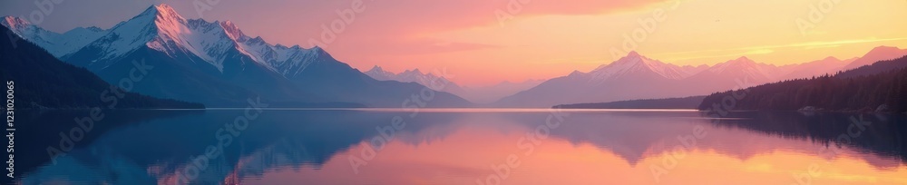Obraz premium A serene white striped mountain landscape reflected in the calm lake at sunset, peaceful, sunset, serene