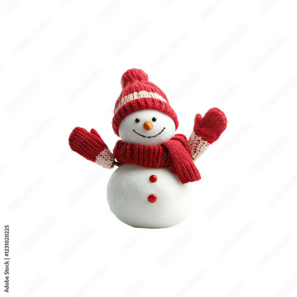 Cheerful Snowman with Red Hat and Scarf on White Background Cheerful Snowman with Red Hat and Scarf on White Background