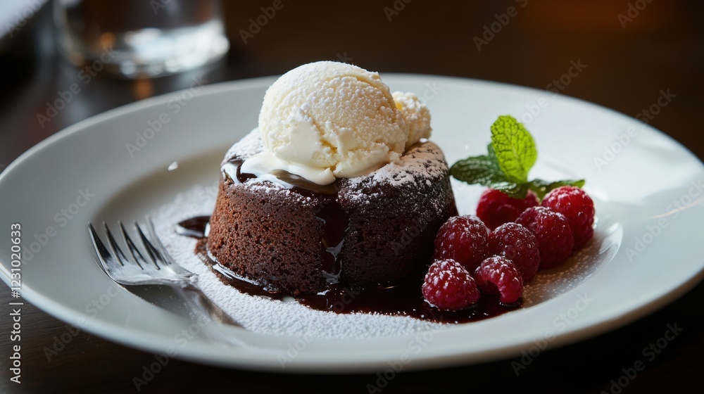 A rich and indulgent chocolate lava cake with a molten center, topped with a scoop of vanilla ice cream and a dusting of powdered sugar, served on a white porcelain plate A rich and indulgent chocolate lava cake with a molten center, topped with a scoop of vanilla ice cream and a dusting of powdered sugar, served on a white porcelain plate