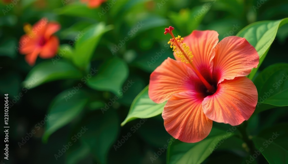 Colorful hibiscus blooms in a lush green background, garden, tropical plants, botanical Colorful hibiscus blooms in a lush green background, garden, tropical plants, botanical