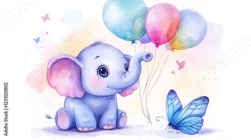 Cute Baby Elephant with Balloons and Butterfly Watercolor Illustration