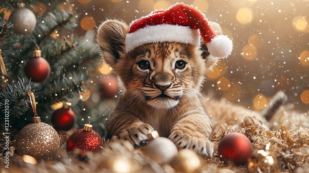 Lion cub in Santa hat, Christmas tree background Lion cub in Santa hat, Christmas tree background