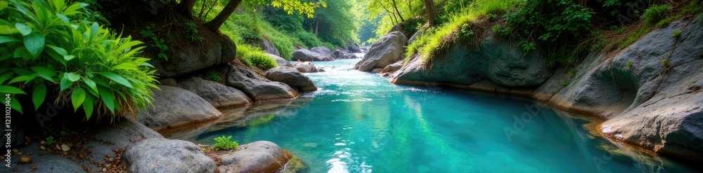 Naklejka premium Crystal clear water flowing through a narrow valley, blue, fairy pools stream valley, valley