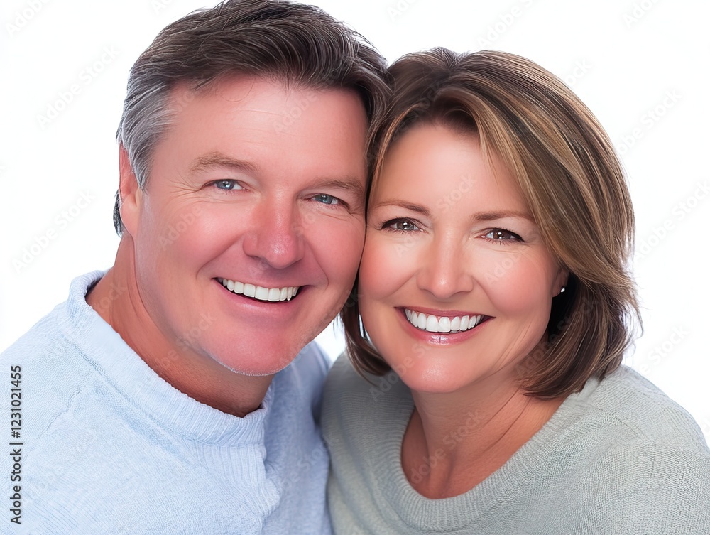 Embracing middle-aged couple with genuine smiles, close-up portrait against white background, conveying happiness and affection in light blue attire Embracing middle-aged couple with genuine smiles, close-up portrait against white background, conveying happiness and affection in light blue attire