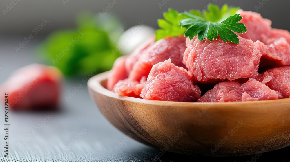 Fresh minced beef garnished with vibrant parsley in a wooden bowl Fresh minced beef garnished with vibrant parsley in a wooden bowl