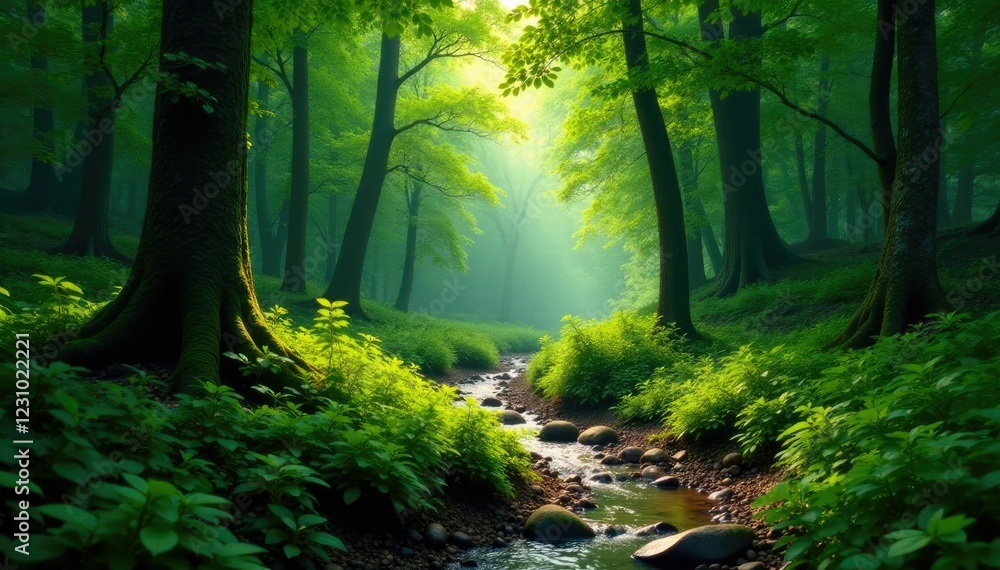 Obraz premium Forest floor with winding forest path and river, forest, winding, greenery