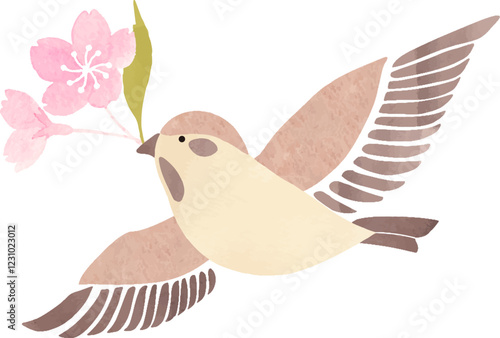 桜の花をくわえたスズメのイラスト