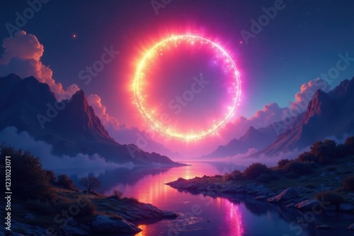 Iridescent circle illuminates an otherworldly landscape, mysterious, abstract, iridescent photo