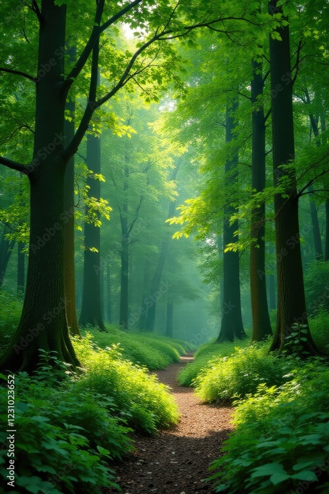 Naklejka premium Lush greenery and towering trees in the forested area of Botanique Jardin Brest, trees, greenery, forest