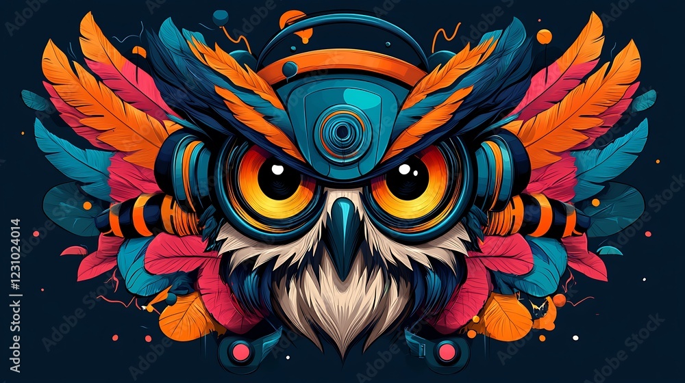 Colorful and vibrant owl illustration with feathers and abstract elements on a dark background Colorful and vibrant owl illustration with feathers and abstract elements on a dark background