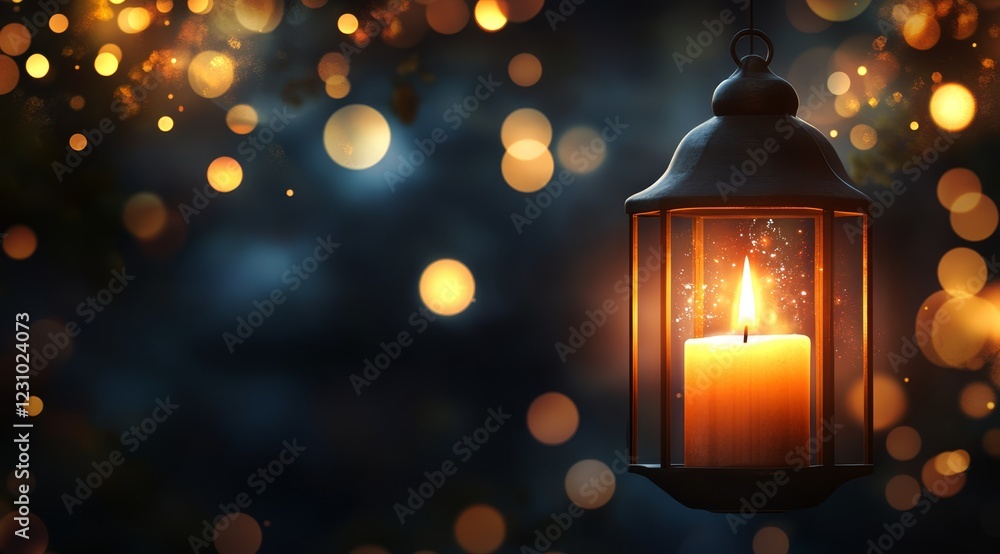 Glowing candle in a hanging lantern at night with bokeh lights. Glowing candle in a hanging lantern at night with bokeh lights.