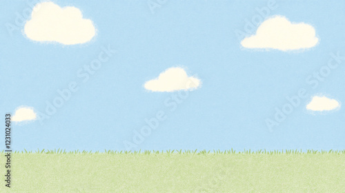 Fluffy clouds float over grassy field in pastel sky