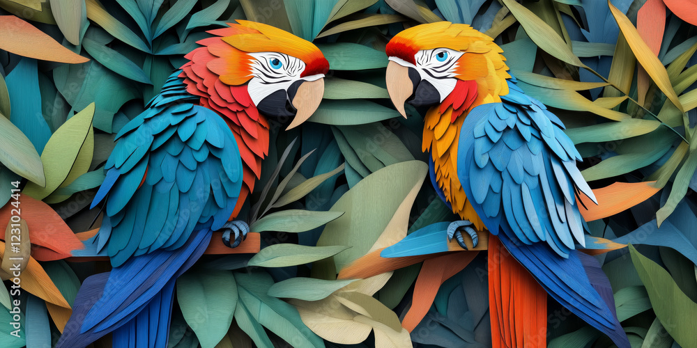 Fototapeta premium multicolored A 3D image made from several layers of plywood. Two parrots in close-up sitting surrounded by leaves from exotic plants