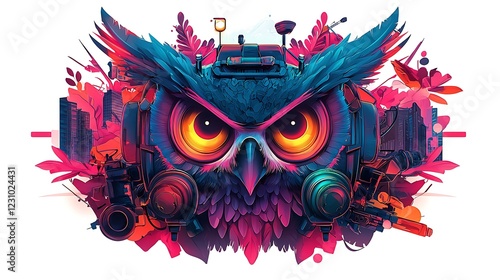 Colorful and vibrant owl illustration with headphones and urban background, showcasing a fusion of nature and technology photo