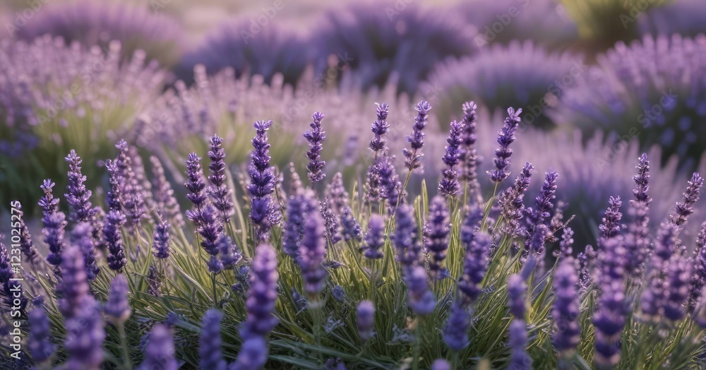 Obraz premium Softly falling morning dew glistens on a bed of blooming lavender flowers, bloom, scenery, lavender