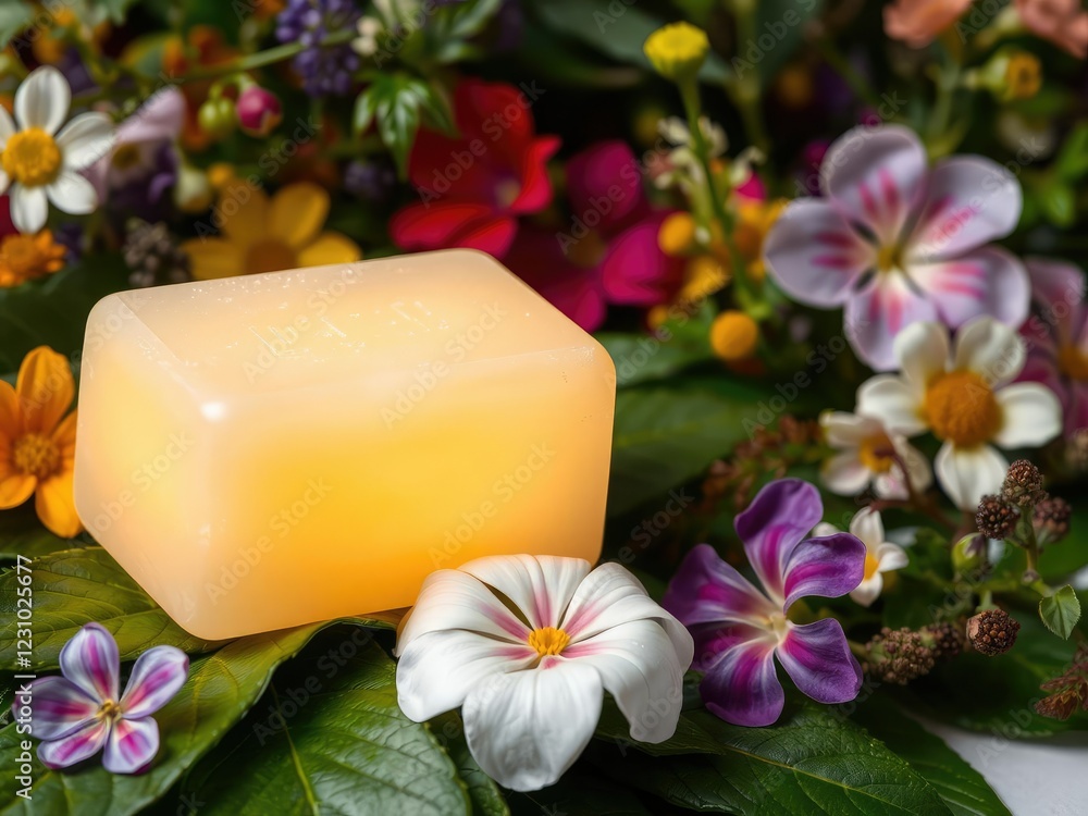 Softly glowing soap bar on a lush green leaf background with various colorful flowers and foliage, green leaf background, natural beauty products