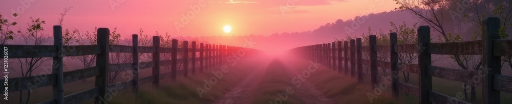 Fototapeta premium Soft pink tones seep into the sky as the sun dips behind the orchard's rustic fence, misty, rustic, peaceful