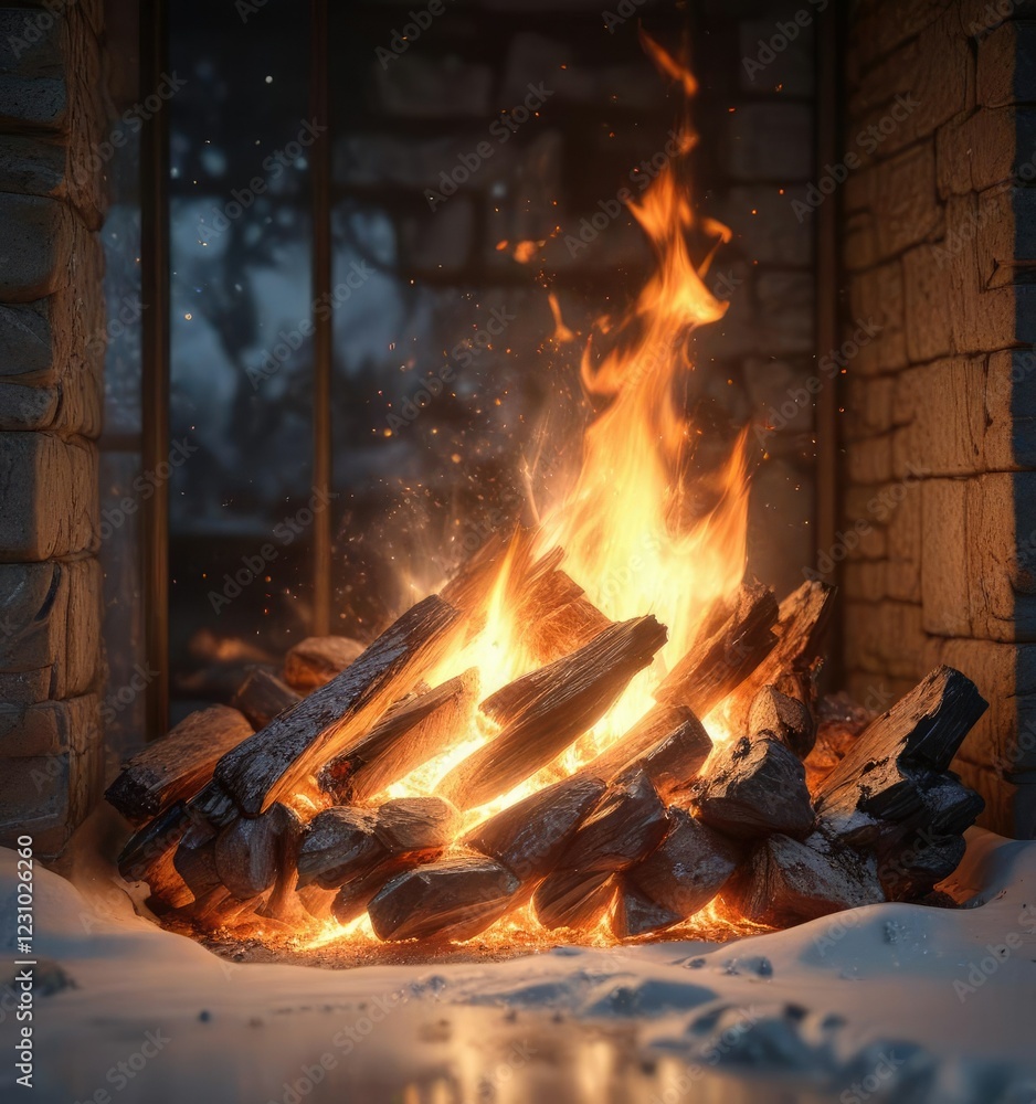 Fototapeta premium Sparkling fire crackles in the hearth, reflecting off a frosty windowpane , cozy, windowpane