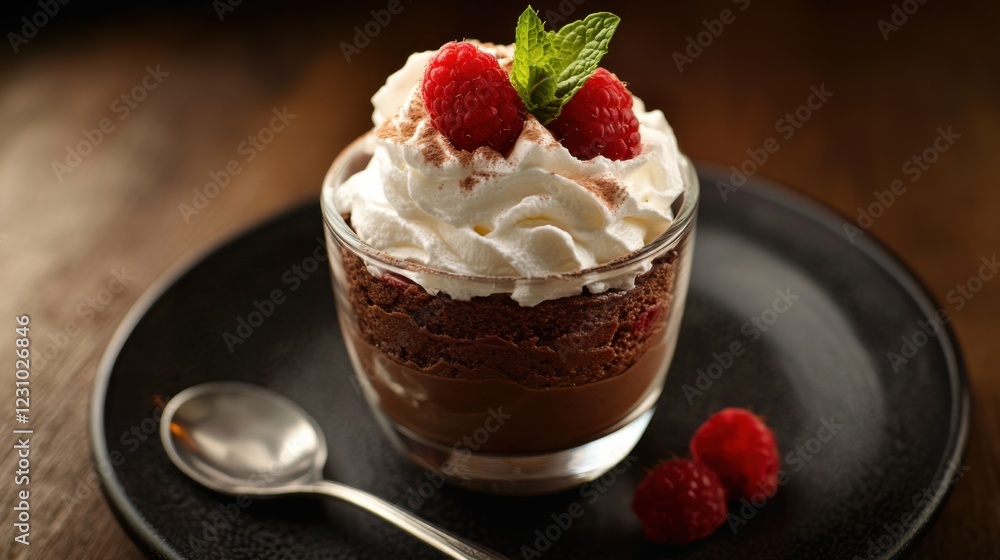 A rich and indulgent chocolate mousse topped with whipped cream and fresh raspberries, served in a clear glass dessert cup, Mousse centered A rich and indulgent chocolate mousse topped with whipped cream and fresh raspberries, served in a clear glass dessert cup, Mousse centered