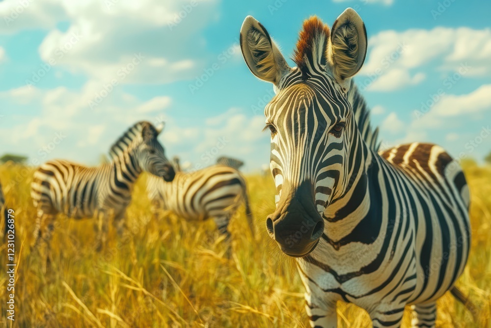 Fototapeta premium Zebra herd grasslands savanna Africa wildlife safari