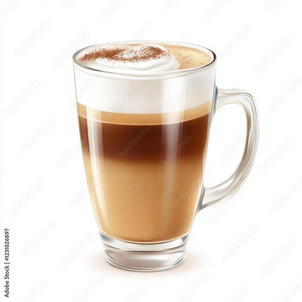 Layered latte in a clear glass mug, topped with whipped cream and cinnamon. Layered latte in a clear glass mug, topped with whipped cream and cinnamon.