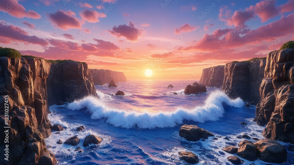 Fototapeta premium Ocean waves crashing on rock cliffs at sunset.