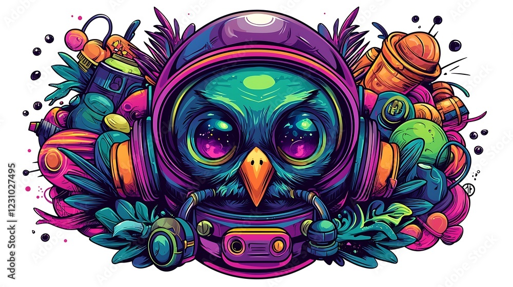 Colorful astronaut owl surrounded by vibrant planets and plants in a whimsical outer space scene Colorful astronaut owl surrounded by vibrant planets and plants in a whimsical outer space scene