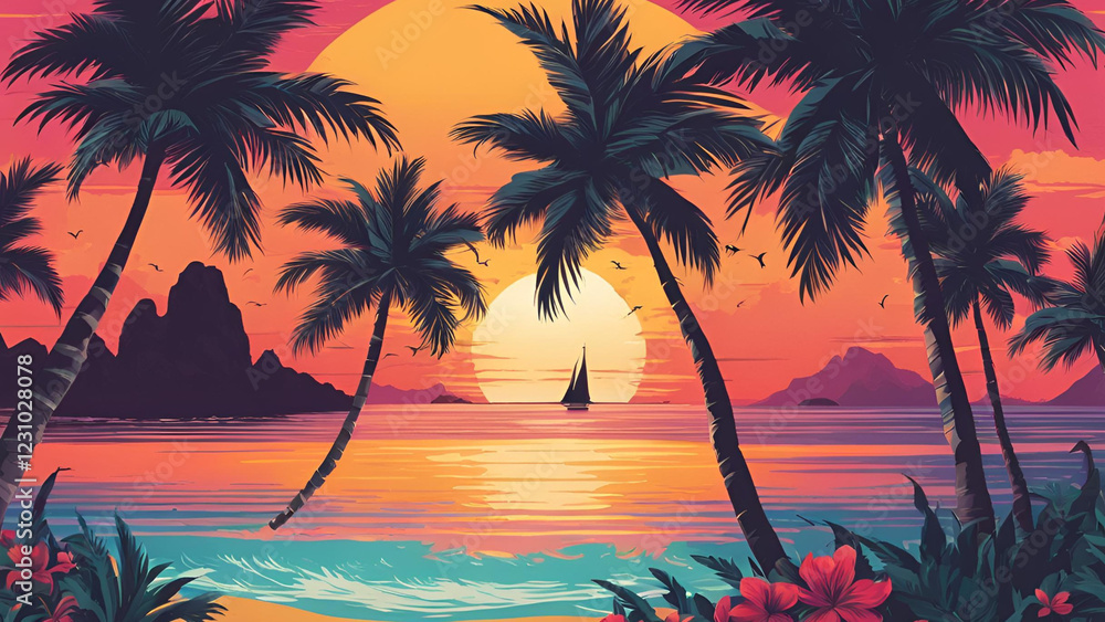 A coastal paradise characterized by palm trees and the ocean, epitomizing a summer getaway at dusk A coastal paradise characterized by palm trees and the ocean, epitomizing a summer getaway at dusk