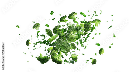 Fresh broccoli florets exploding on transparent background