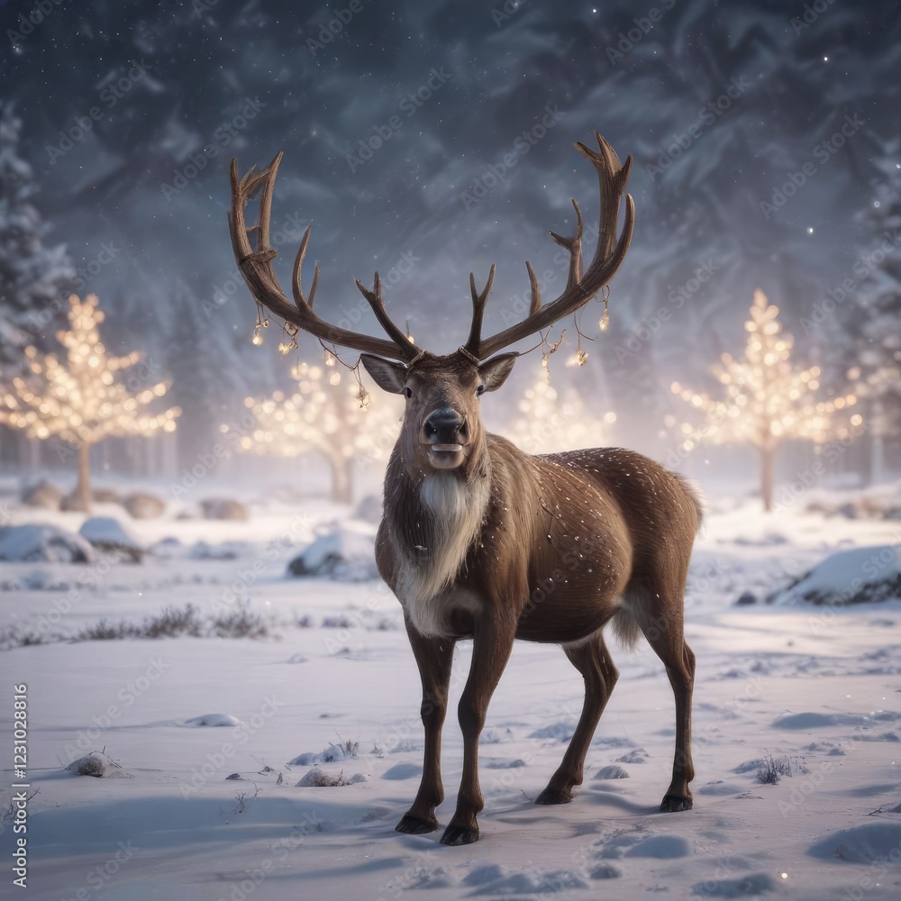 reindeer in snowy landscape with Christmas Eve lights, snow, decorations reindeer in snowy landscape with Christmas Eve lights, snow, decorations