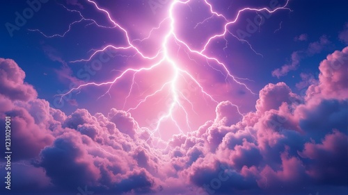 Pink clouds with lightning in blue sky.
