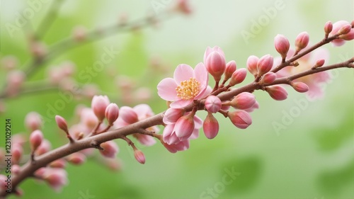 Pink flowers blooming on tree with buds. photo