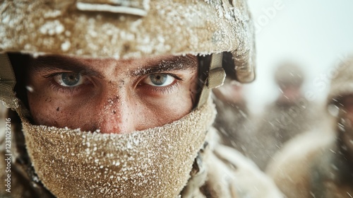 Soldiers endure harsh snowfall while on patrol in a desolate winter landscape