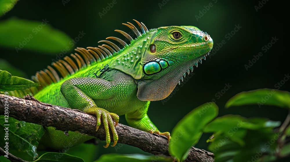 Fototapeta premium Vibrant green iguana perches on a branch surveying its lush surroundings