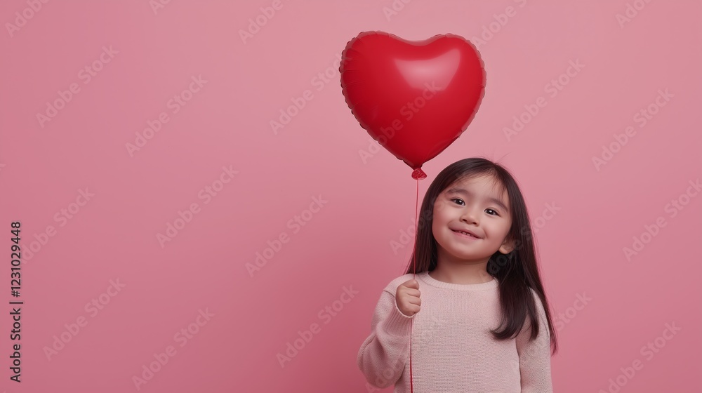 A Young Girl Holding Heart-Shaped Balloon on Pink Background A Young Girl Holding Heart-Shaped Balloon on Pink Background