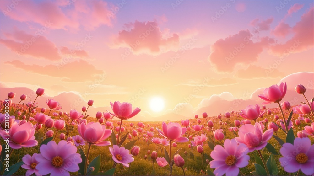 Fototapeta premium Pink flowers in field with sunset sky.