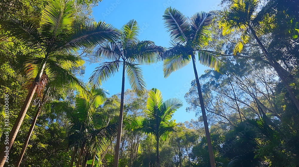looking up at tall trees with lush green leaves and a clear blue sky looking up at tall trees with lush green leaves and a clear blue sky