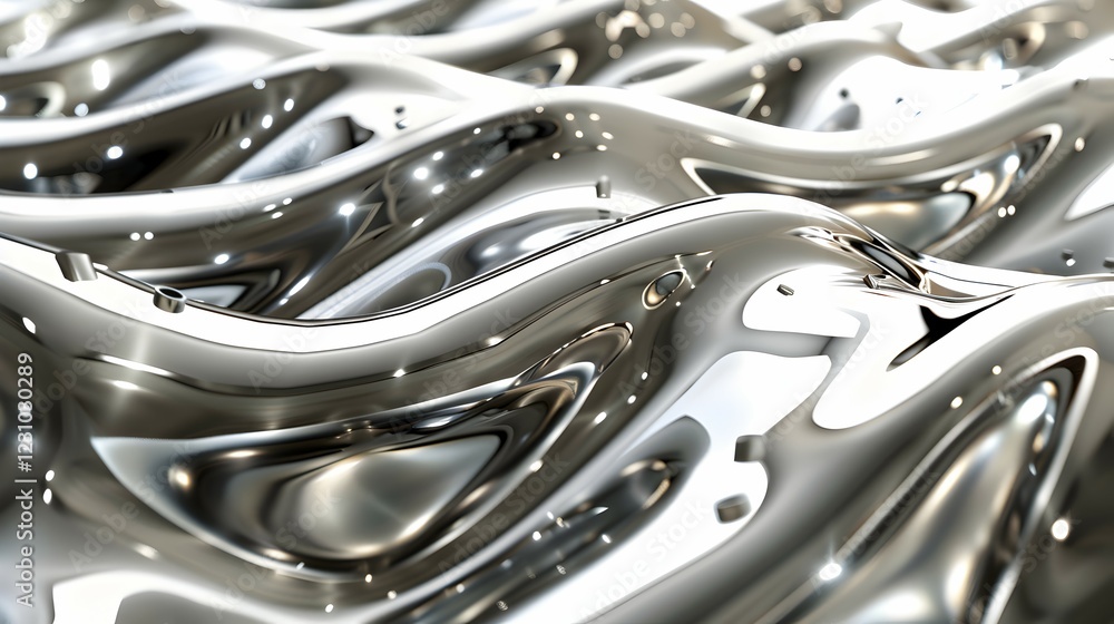 A close-up of shiny, wavy metallic surfaces reflecting light. A close-up of shiny, wavy metallic surfaces reflecting light.