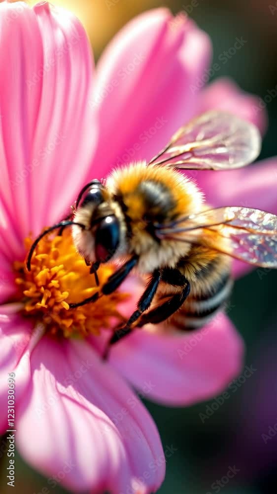 Close-Up of a Honey Bee Collecting Nectar from a Vibrant Pink Flower Petal Under Natural Light Close-Up of a Honey Bee Collecting Nectar from a Vibrant Pink Flower Petal Under Natural Light