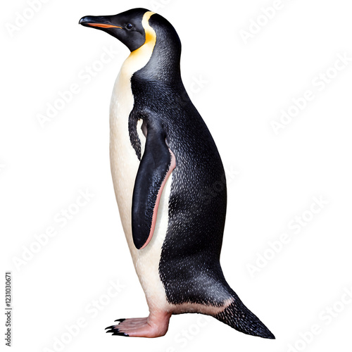 Penguin standing tall with flippers gently extended, isolated on a clean PNG background, displaying the playful and endearing features of this Antarctic bird, ideal for pet care, cold-weather visuals, photo