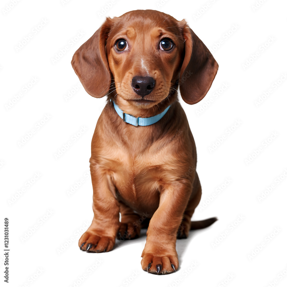 Adorable dachshund puppy with large floppy ears gazing upwards isolated on a clean PNG background, emphasizing its playful personality and expressive eyes, ideal for dog-themed designs, pet product pr